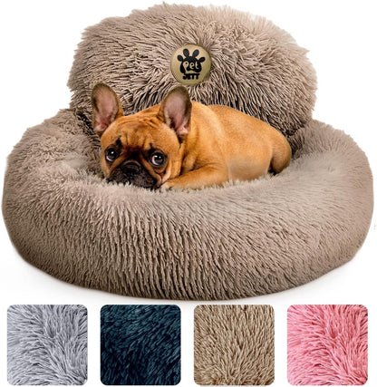 PetJett Calming Medium Dog Bed - 30'' Round Dog Beds - Washable Dog Bed - Anti-Slip Super Soft Fluffy Plush Donut Bed, Anti-Anxiety Premium Comfort Pet Bed, Fits Dogs up to 45 lbs - Beige