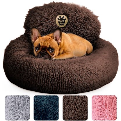 PetJett Calming Medium Dog Bed - 30'' Round Dog Beds - Washable Dog Bed - Anti-Slip Super Soft Fluffy Plush Donut Bed, Anti-Anxiety Premium Comfort Pet Bed, Fits Dogs up to 45 lbs - Beige