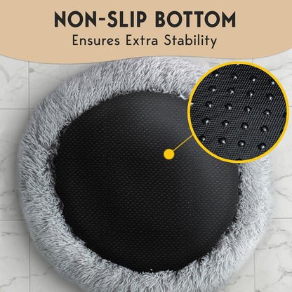 PetJett Calming Medium Dog Bed - 30'' Round Dog Beds - Washable Dog Bed - Anti-Slip Super Soft Fluffy Plush Donut Bed, Anti-Anxiety Premium Comfort Pet Bed, Fits Dogs up to 45 lbs - Beige