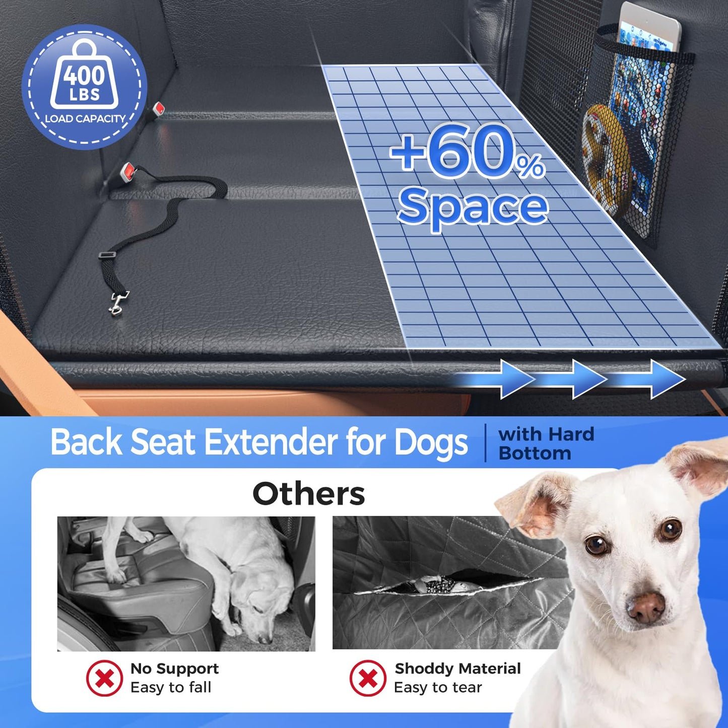 HOB4U Dog Car Seat Cover for Back Seat, Hard Bottom Back Seat Extender for Dogs, Dog Hammock for Car SUV and Trucks - Waterproof, Anti Scratch，Easy to Clean, Supports 400lbs