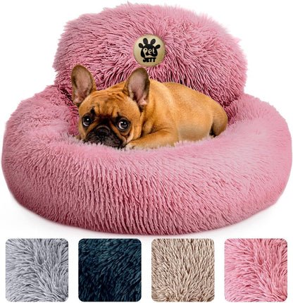 PetJett Calming Medium Dog Bed - 30'' Round Dog Beds - Washable Dog Bed - Anti-Slip Super Soft Fluffy Plush Donut Bed, Anti-Anxiety Premium Comfort Pet Bed, Fits Dogs up to 45 lbs - Beige