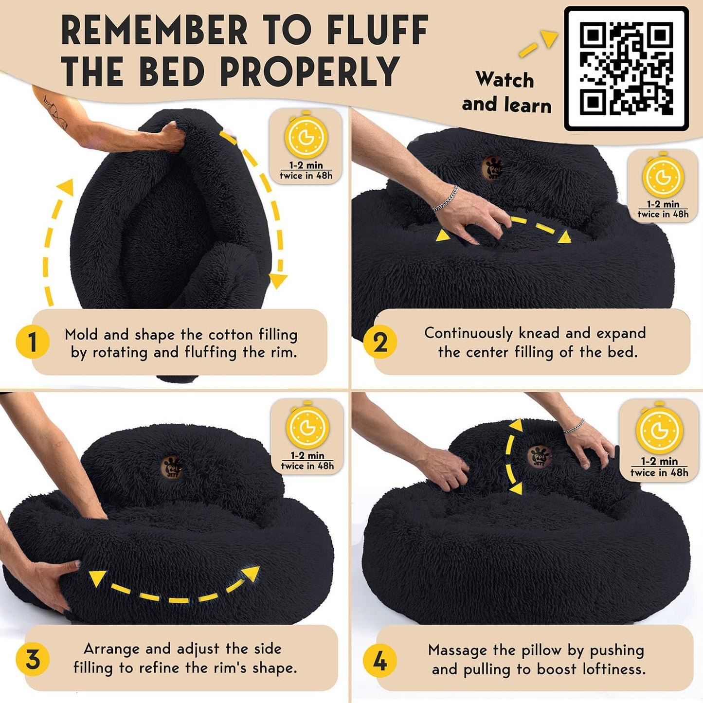 PetJett Calming Medium Dog Bed - 30'' Round Dog Beds - Washable Dog Bed - Anti-Slip Super Soft Fluffy Plush Donut Bed, Anti-Anxiety Premium Comfort Pet Bed, Fits Dogs up to 45 lbs - Beige