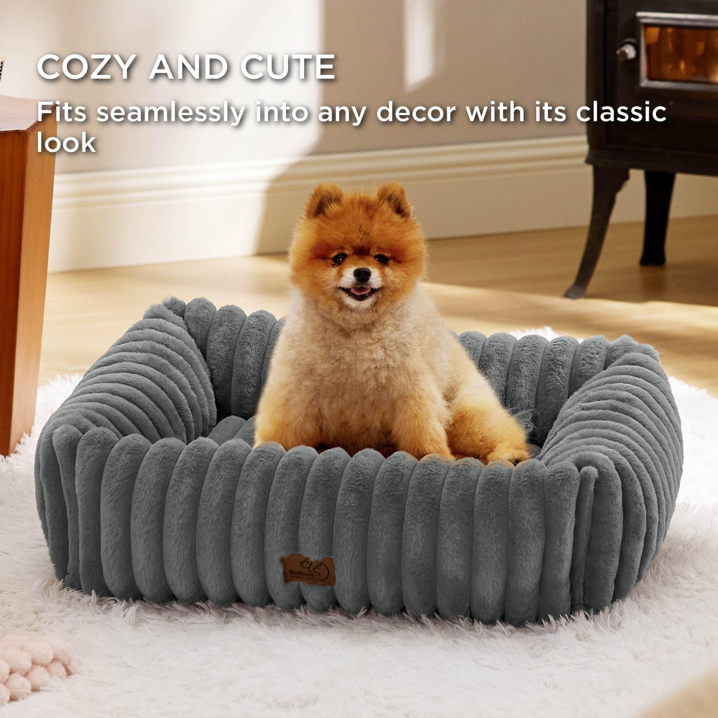 Bedsure ComfyFleece™ Cute Dog Bed for Small Medium Dogs - Washable Furry Puppy Beds, Rectangle Orthopedic Corduroy Fleece Pet Beds with Removable Zipper Cover, 25x21x7inches, Cream
