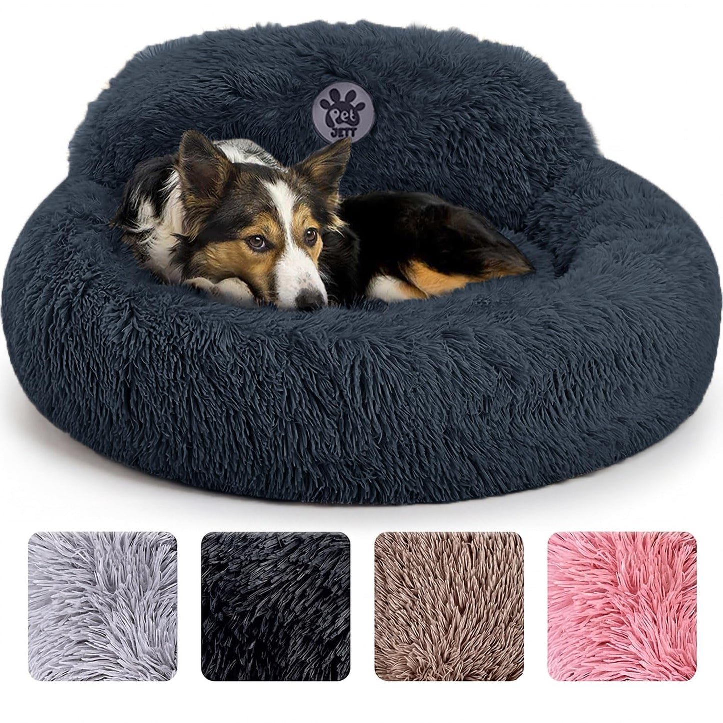 PetJett Calming Medium Dog Bed - 30'' Round Dog Beds - Washable Dog Bed - Anti-Slip Super Soft Fluffy Plush Donut Bed, Anti-Anxiety Premium Comfort Pet Bed, Fits Dogs up to 45 lbs - Beige