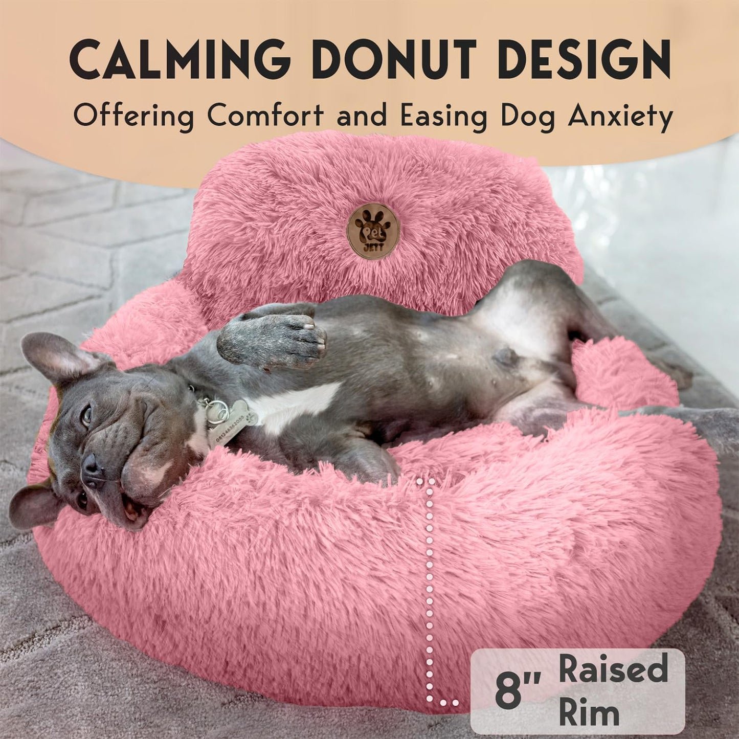 PetJett Calming Medium Dog Bed - 30'' Round Dog Beds - Washable Dog Bed - Anti-Slip Super Soft Fluffy Plush Donut Bed, Anti-Anxiety Premium Comfort Pet Bed, Fits Dogs up to 45 lbs - Beige