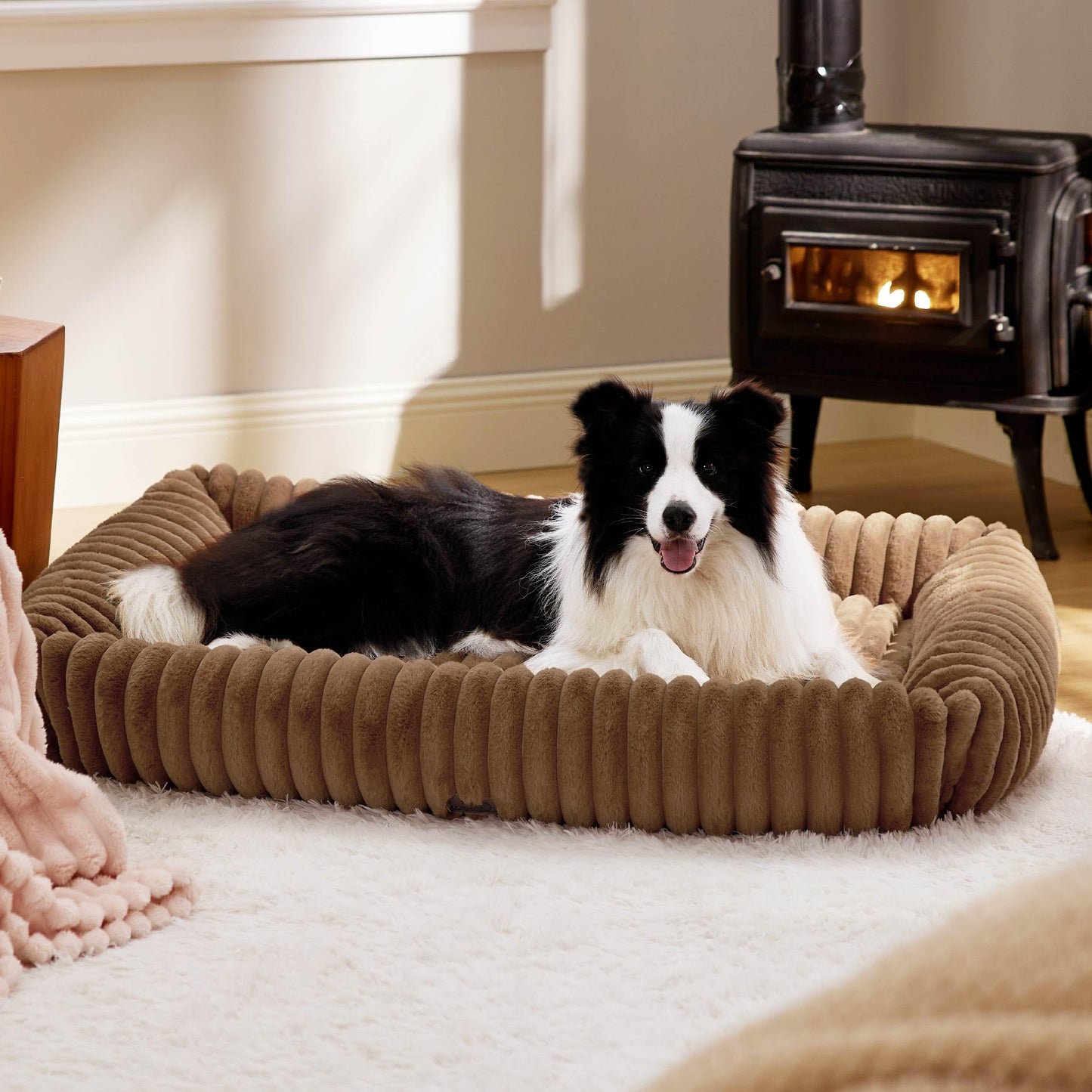Bedsure ComfyFleece™ Cute Dog Bed for Small Medium Dogs - Washable Furry Puppy Beds, Rectangle Orthopedic Corduroy Fleece Pet Beds with Removable Zipper Cover, 25x21x7inches, Cream