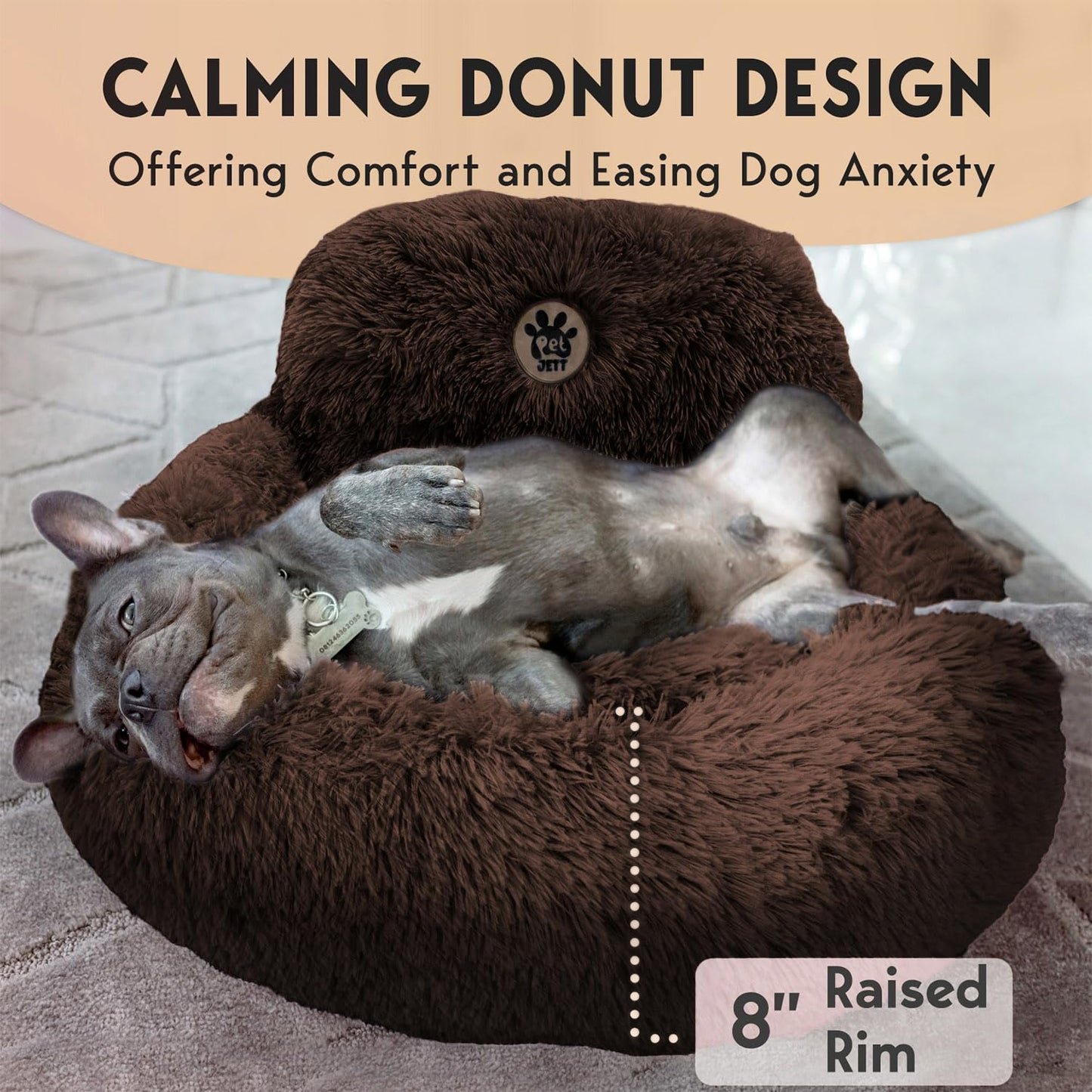 PetJett Calming Medium Dog Bed - 30'' Round Dog Beds - Washable Dog Bed - Anti-Slip Super Soft Fluffy Plush Donut Bed, Anti-Anxiety Premium Comfort Pet Bed, Fits Dogs up to 45 lbs - Beige