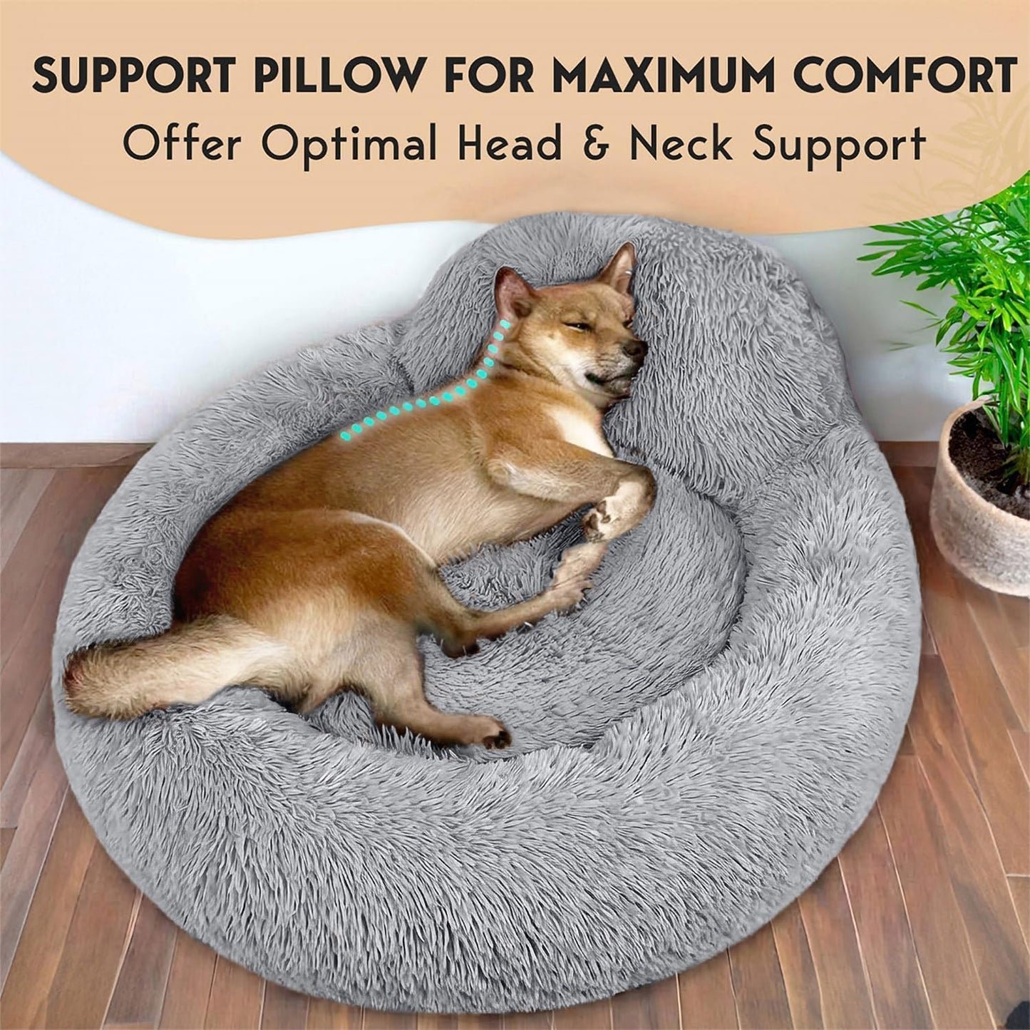 PetJett Calming Medium Dog Bed - 30'' Round Dog Beds - Washable Dog Bed - Anti-Slip Super Soft Fluffy Plush Donut Bed, Anti-Anxiety Premium Comfort Pet Bed, Fits Dogs up to 45 lbs - Beige