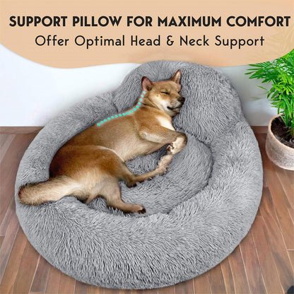 PetJett Calming Medium Dog Bed - 30'' Round Dog Beds - Washable Dog Bed - Anti-Slip Super Soft Fluffy Plush Donut Bed, Anti-Anxiety Premium Comfort Pet Bed, Fits Dogs up to 45 lbs - Beige