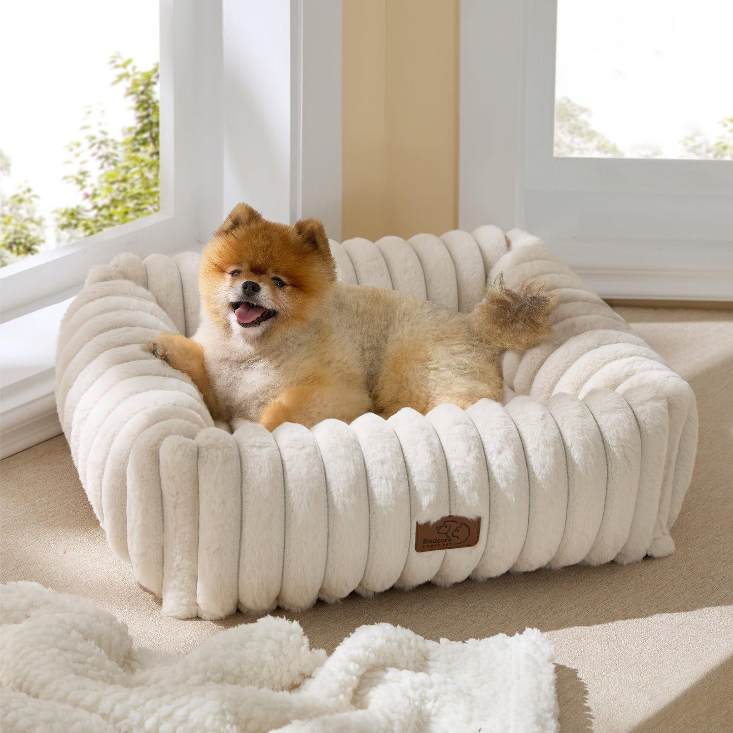 Bedsure ComfyFleece™ Cute Dog Bed for Small Medium Dogs - Washable Furry Puppy Beds, Rectangle Orthopedic Corduroy Fleece Pet Beds with Removable Zipper Cover, 25x21x7inches, Cream