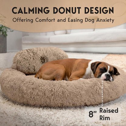 PetJett Calming Medium Dog Bed - 30'' Round Dog Beds - Washable Dog Bed - Anti-Slip Super Soft Fluffy Plush Donut Bed, Anti-Anxiety Premium Comfort Pet Bed, Fits Dogs up to 45 lbs - Beige
