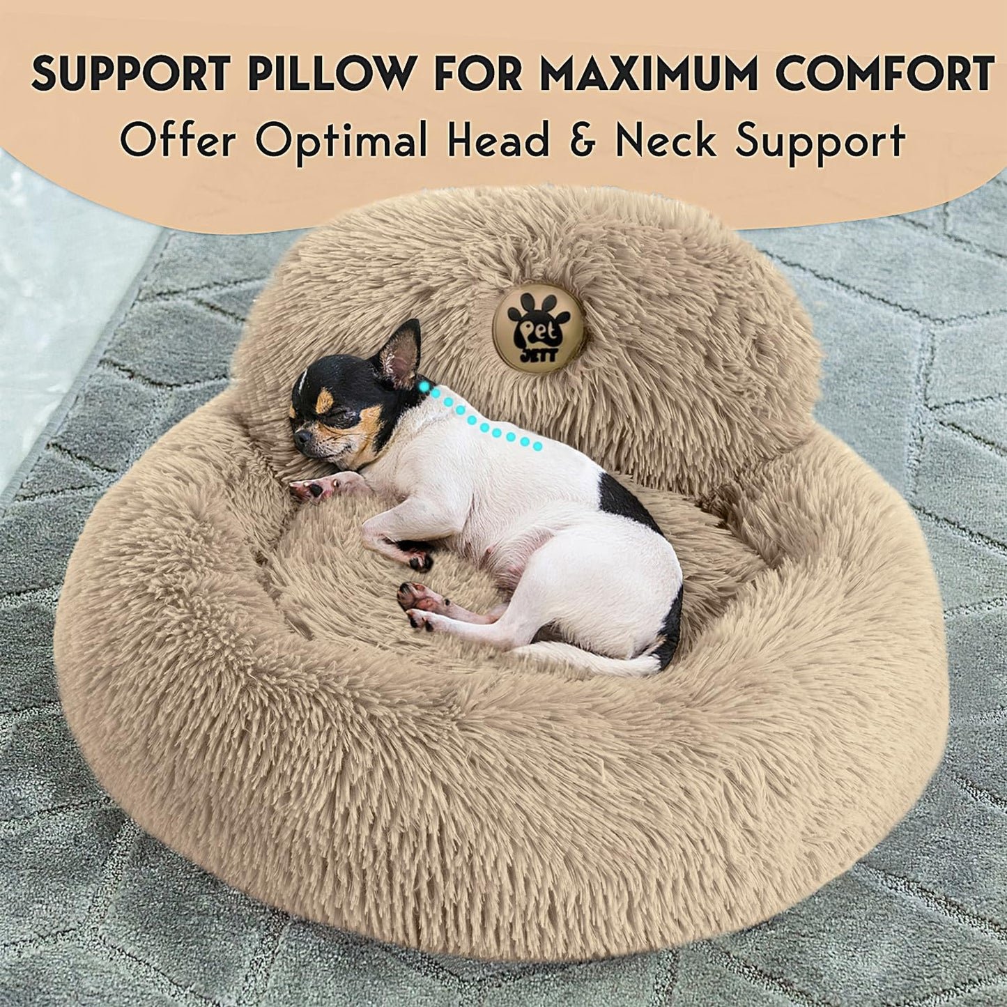 PetJett Calming Medium Dog Bed - 30'' Round Dog Beds - Washable Dog Bed - Anti-Slip Super Soft Fluffy Plush Donut Bed, Anti-Anxiety Premium Comfort Pet Bed, Fits Dogs up to 45 lbs - Beige