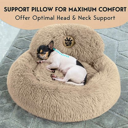 PetJett Calming Medium Dog Bed - 30'' Round Dog Beds - Washable Dog Bed - Anti-Slip Super Soft Fluffy Plush Donut Bed, Anti-Anxiety Premium Comfort Pet Bed, Fits Dogs up to 45 lbs - Beige