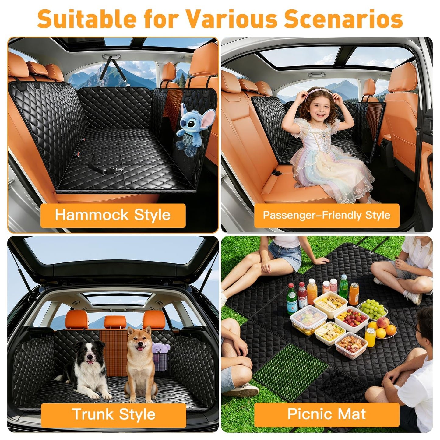 HOB4U Dog Car Seat Cover for Back Seat, Hard Bottom Back Seat Extender for Dogs, Dog Hammock for Car SUV and Trucks - Waterproof, Anti Scratch，Easy to Clean, Supports 400lbs