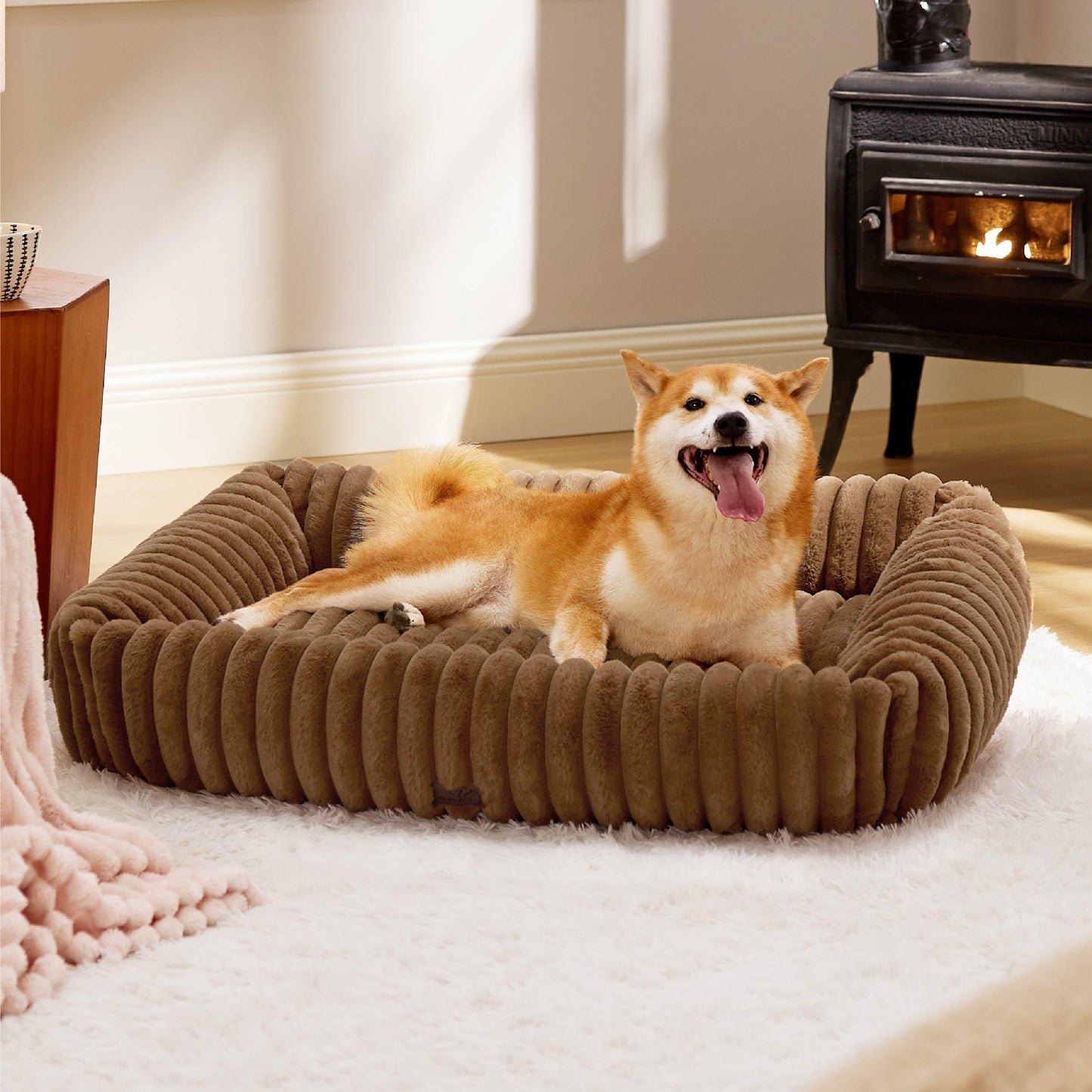 Bedsure ComfyFleece™ Cute Dog Bed for Small Medium Dogs - Washable Furry Puppy Beds, Rectangle Orthopedic Corduroy Fleece Pet Beds with Removable Zipper Cover, 25x21x7inches, Cream