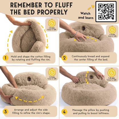 PetJett Calming Medium Dog Bed - 30'' Round Dog Beds - Washable Dog Bed - Anti-Slip Super Soft Fluffy Plush Donut Bed, Anti-Anxiety Premium Comfort Pet Bed, Fits Dogs up to 45 lbs - Beige