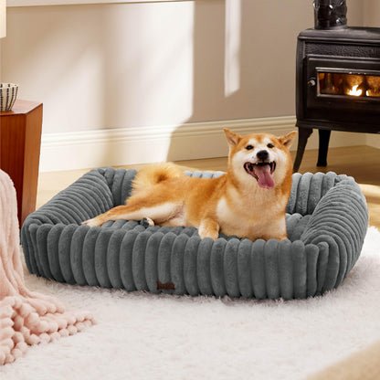 Bedsure ComfyFleece™ Cute Dog Bed for Small Medium Dogs - Washable Furry Puppy Beds, Rectangle Orthopedic Corduroy Fleece Pet Beds with Removable Zipper Cover, 25x21x7inches, Cream