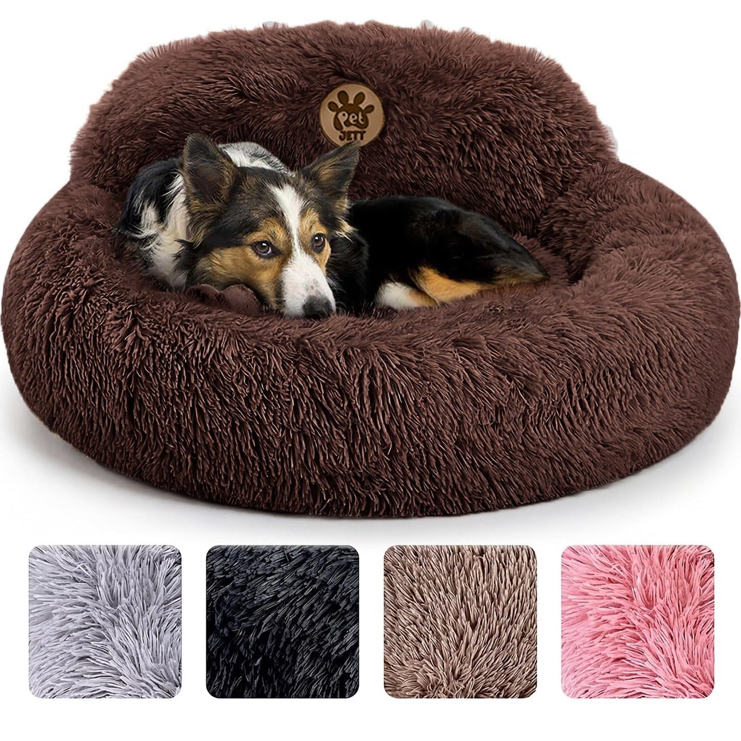 PetJett Calming Medium Dog Bed - 30'' Round Dog Beds - Washable Dog Bed - Anti-Slip Super Soft Fluffy Plush Donut Bed, Anti-Anxiety Premium Comfort Pet Bed, Fits Dogs up to 45 lbs - Beige