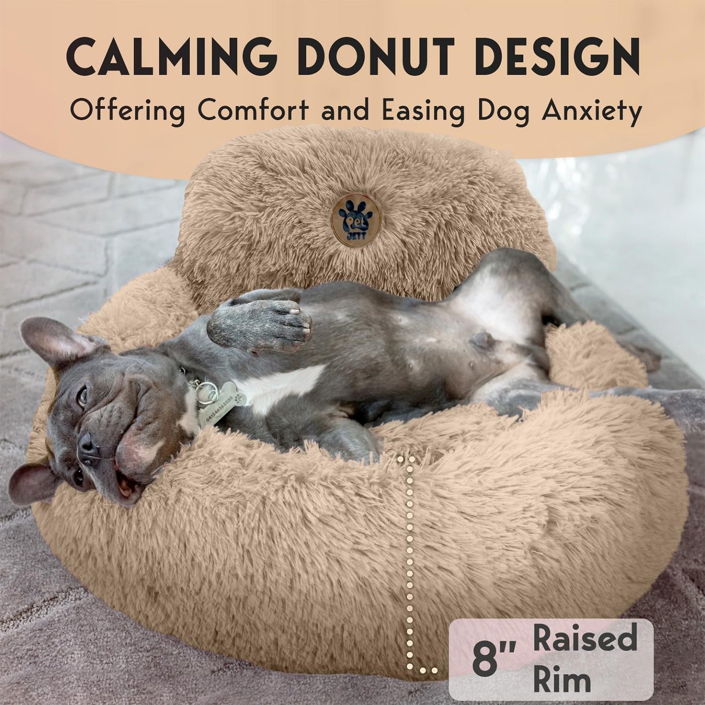PetJett Calming Medium Dog Bed - 30'' Round Dog Beds - Washable Dog Bed - Anti-Slip Super Soft Fluffy Plush Donut Bed, Anti-Anxiety Premium Comfort Pet Bed, Fits Dogs up to 45 lbs - Beige