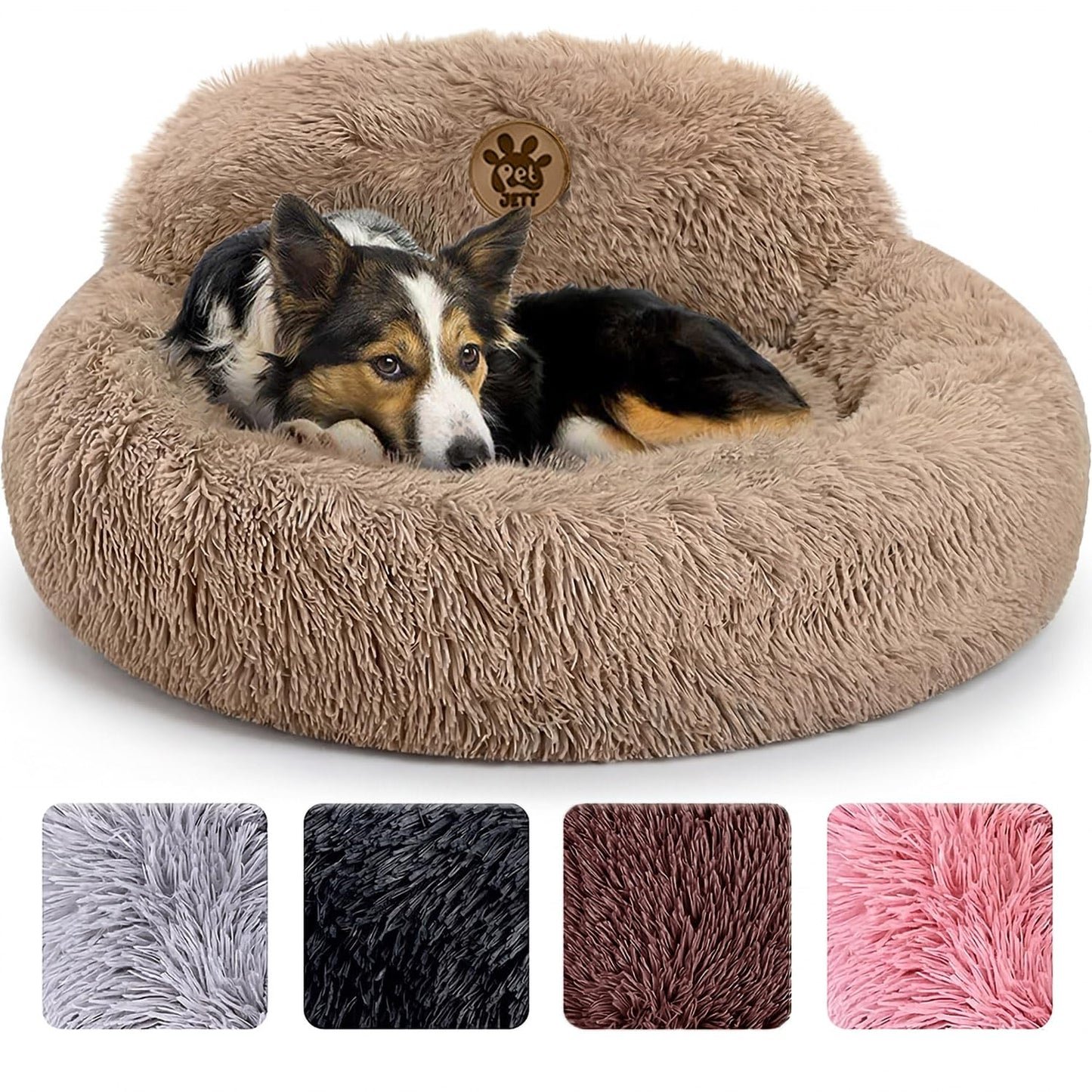 PetJett Calming Medium Dog Bed - 30'' Round Dog Beds - Washable Dog Bed - Anti-Slip Super Soft Fluffy Plush Donut Bed, Anti-Anxiety Premium Comfort Pet Bed, Fits Dogs up to 45 lbs - Beige