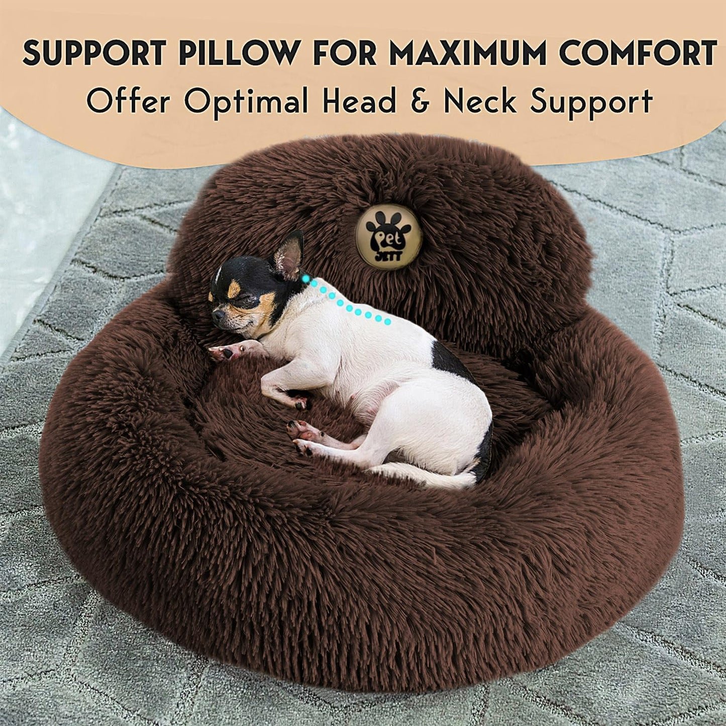 PetJett Calming Medium Dog Bed - 30'' Round Dog Beds - Washable Dog Bed - Anti-Slip Super Soft Fluffy Plush Donut Bed, Anti-Anxiety Premium Comfort Pet Bed, Fits Dogs up to 45 lbs - Beige