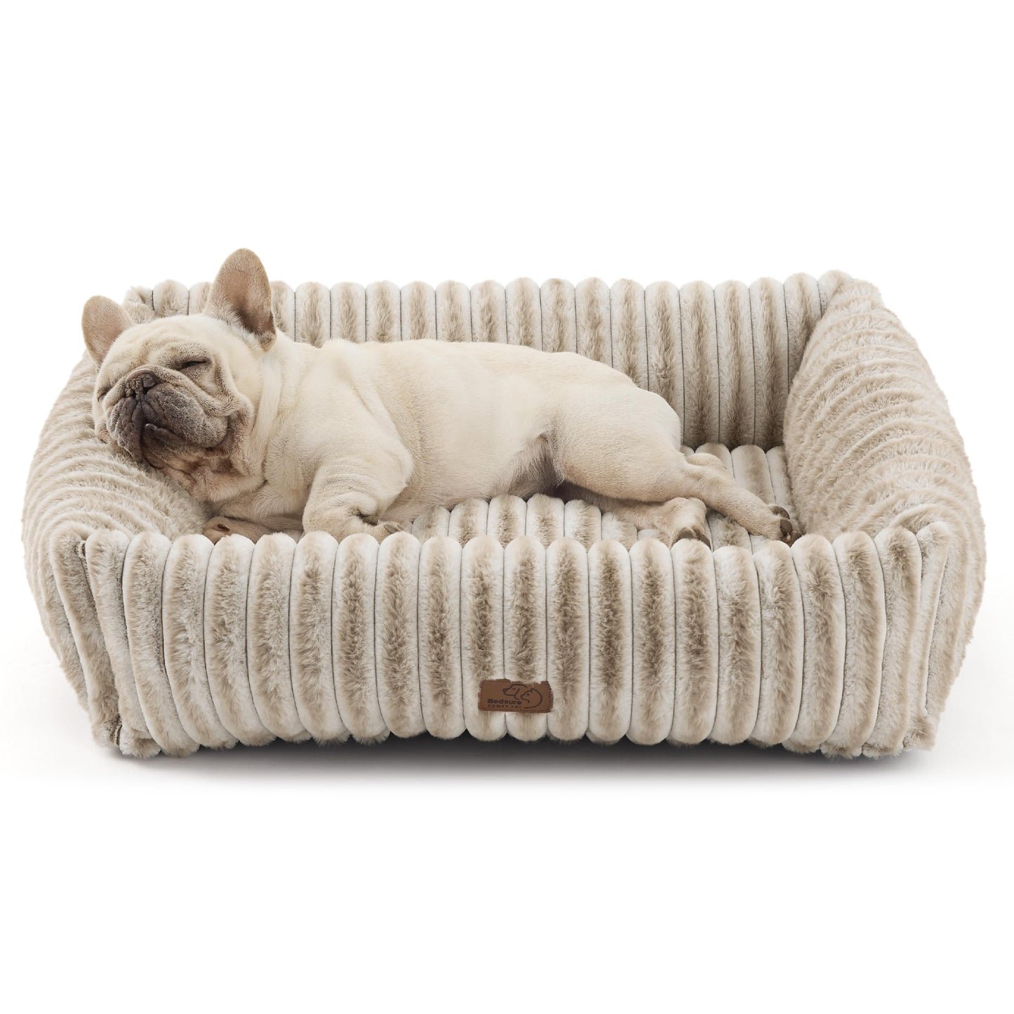Bedsure ComfyFleece™ Cute Dog Bed for Small Medium Dogs - Washable Furry Puppy Beds, Rectangle Orthopedic Corduroy Fleece Pet Beds with Removable Zipper Cover, 25x21x7inches, Cream