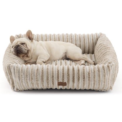 Bedsure ComfyFleece™ Cute Dog Bed for Small Medium Dogs - Washable Furry Puppy Beds, Rectangle Orthopedic Corduroy Fleece Pet Beds with Removable Zipper Cover, 25x21x7inches, Cream