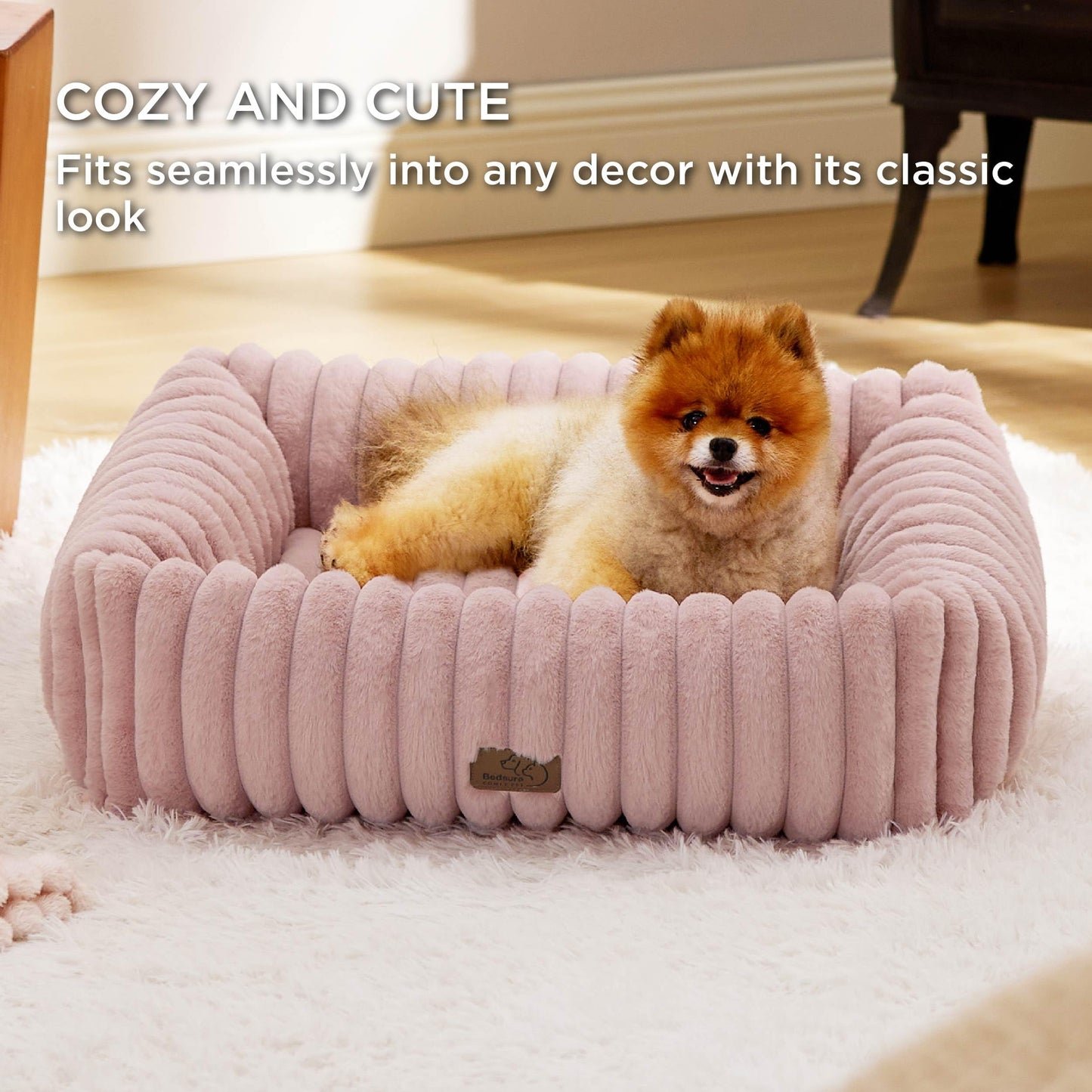 Bedsure ComfyFleece™ Cute Dog Bed for Small Medium Dogs - Washable Furry Puppy Beds, Rectangle Orthopedic Corduroy Fleece Pet Beds with Removable Zipper Cover, 25x21x7inches, Cream