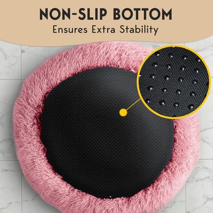 PetJett Calming Medium Dog Bed - 30'' Round Dog Beds - Washable Dog Bed - Anti-Slip Super Soft Fluffy Plush Donut Bed, Anti-Anxiety Premium Comfort Pet Bed, Fits Dogs up to 45 lbs - Beige