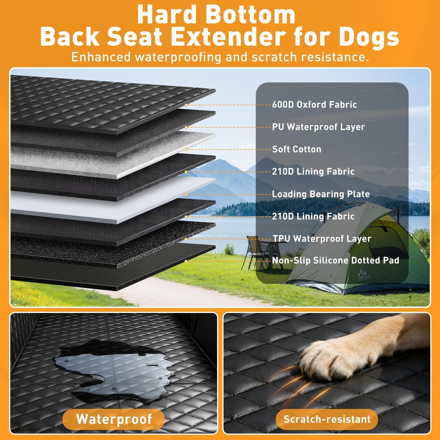 HOB4U Dog Car Seat Cover for Back Seat, Hard Bottom Back Seat Extender for Dogs, Dog Hammock for Car SUV and Trucks - Waterproof, Anti Scratch，Easy to Clean, Supports 400lbs