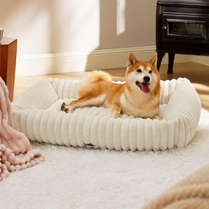 Bedsure ComfyFleece™ Cute Dog Bed for Small Medium Dogs - Washable Furry Puppy Beds, Rectangle Orthopedic Corduroy Fleece Pet Beds with Removable Zipper Cover, 25x21x7inches, Cream