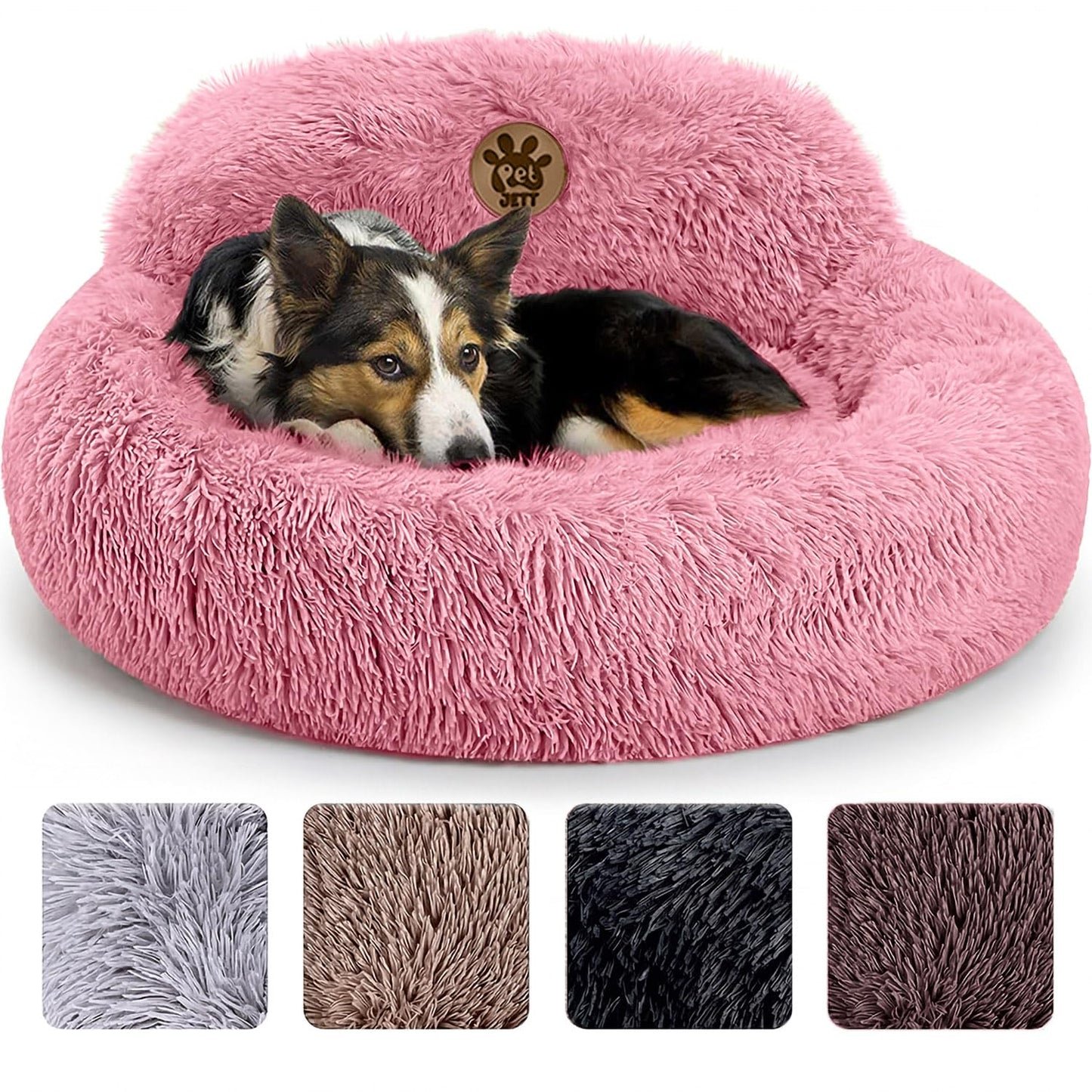 PetJett Calming Medium Dog Bed - 30'' Round Dog Beds - Washable Dog Bed - Anti-Slip Super Soft Fluffy Plush Donut Bed, Anti-Anxiety Premium Comfort Pet Bed, Fits Dogs up to 45 lbs - Beige