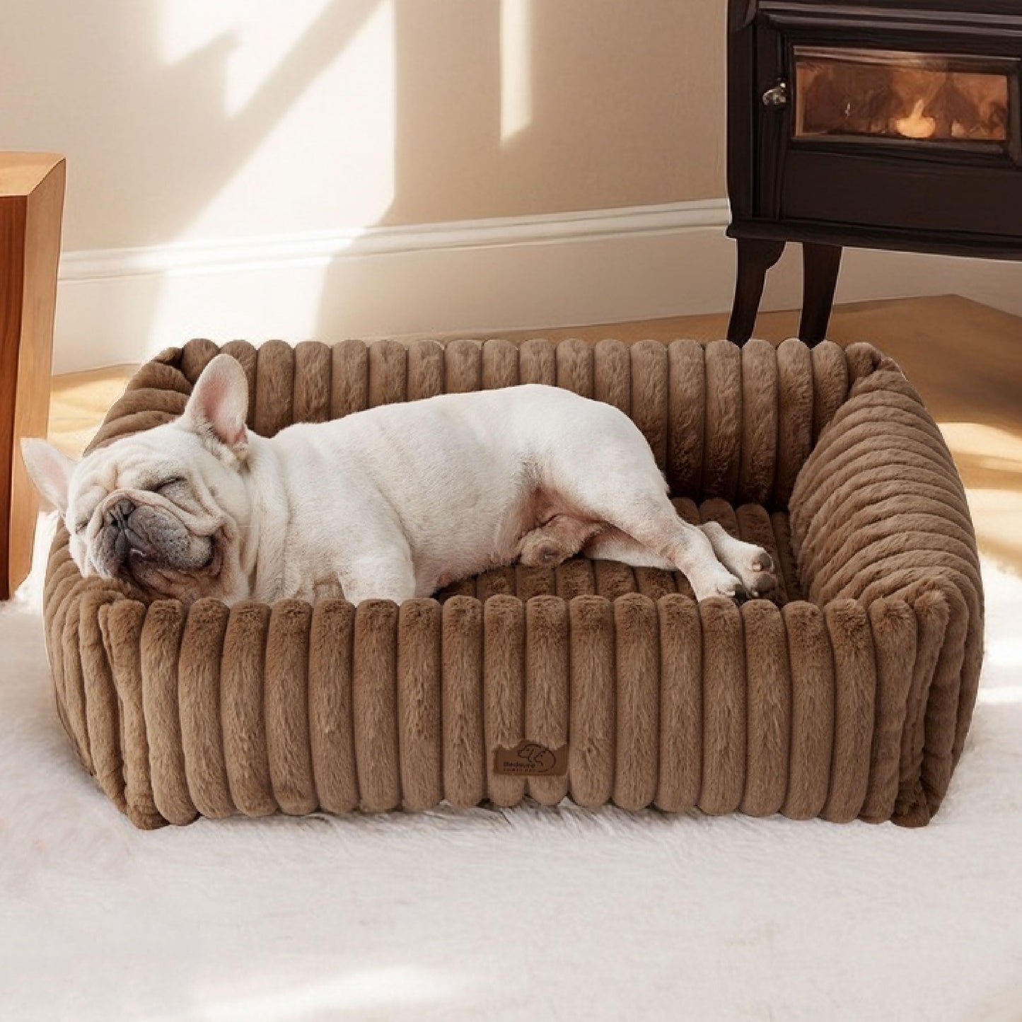 Bedsure ComfyFleece™ Cute Dog Bed for Small Medium Dogs - Washable Furry Puppy Beds, Rectangle Orthopedic Corduroy Fleece Pet Beds with Removable Zipper Cover, 25x21x7inches, Cream