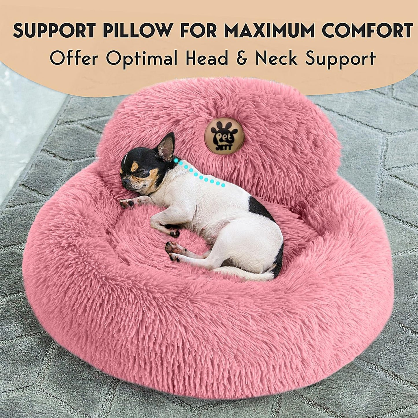 PetJett Calming Medium Dog Bed - 30'' Round Dog Beds - Washable Dog Bed - Anti-Slip Super Soft Fluffy Plush Donut Bed, Anti-Anxiety Premium Comfort Pet Bed, Fits Dogs up to 45 lbs - Beige