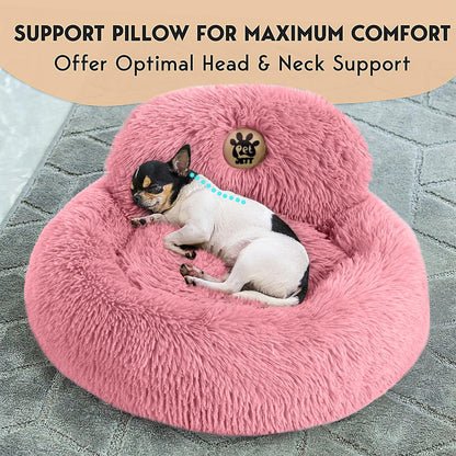 PetJett Calming Medium Dog Bed - 30'' Round Dog Beds - Washable Dog Bed - Anti-Slip Super Soft Fluffy Plush Donut Bed, Anti-Anxiety Premium Comfort Pet Bed, Fits Dogs up to 45 lbs - Beige