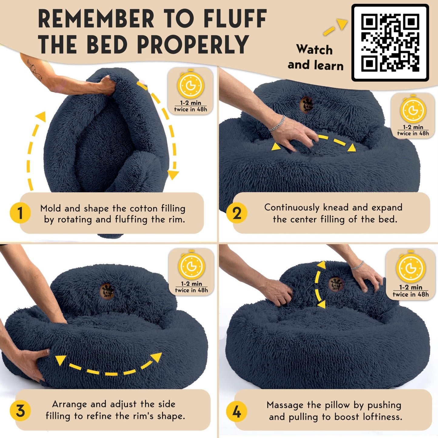 PetJett Calming Medium Dog Bed - 30'' Round Dog Beds - Washable Dog Bed - Anti-Slip Super Soft Fluffy Plush Donut Bed, Anti-Anxiety Premium Comfort Pet Bed, Fits Dogs up to 45 lbs - Beige