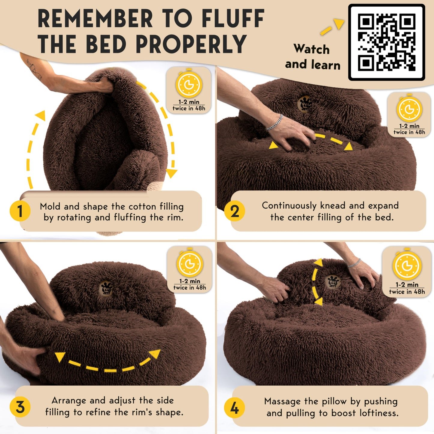 PetJett Calming Medium Dog Bed - 30'' Round Dog Beds - Washable Dog Bed - Anti-Slip Super Soft Fluffy Plush Donut Bed, Anti-Anxiety Premium Comfort Pet Bed, Fits Dogs up to 45 lbs - Beige