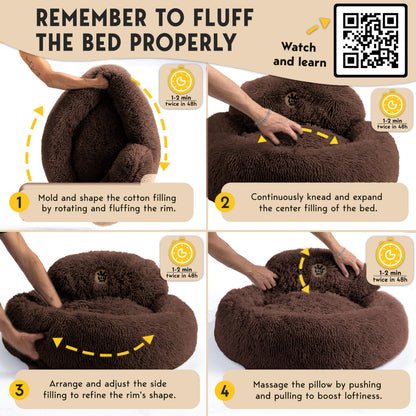 PetJett Calming Medium Dog Bed - 30'' Round Dog Beds - Washable Dog Bed - Anti-Slip Super Soft Fluffy Plush Donut Bed, Anti-Anxiety Premium Comfort Pet Bed, Fits Dogs up to 45 lbs - Beige